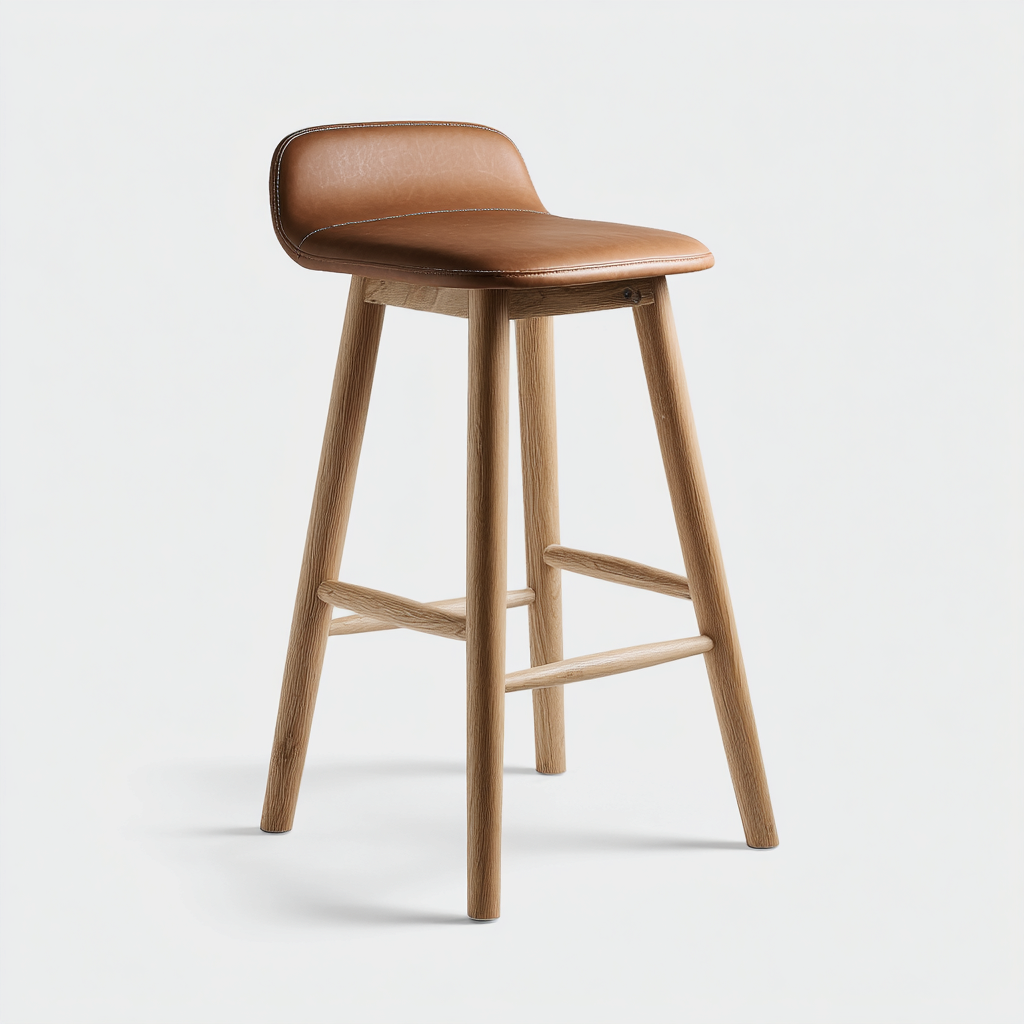 Sgabello da bar in legno massello con seduta in pelle 45x42x92 cm - legno naturale - caramello - design moderno adatto per sala da pranzo-Comfyoliq