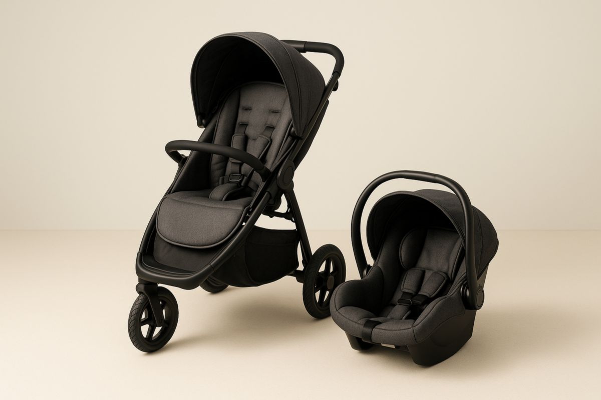 Grey Baby Stroller and Car Seat Combo with Adjustable Harness and Canopy