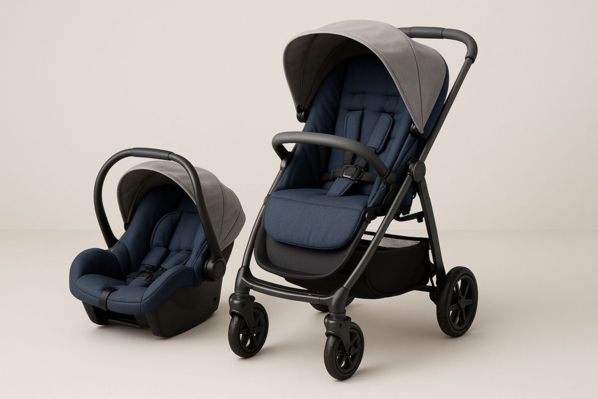 Aluminium Infant Stroller and Car Seat Set with Adjustable Canopy in Grey/Blue Polyester
