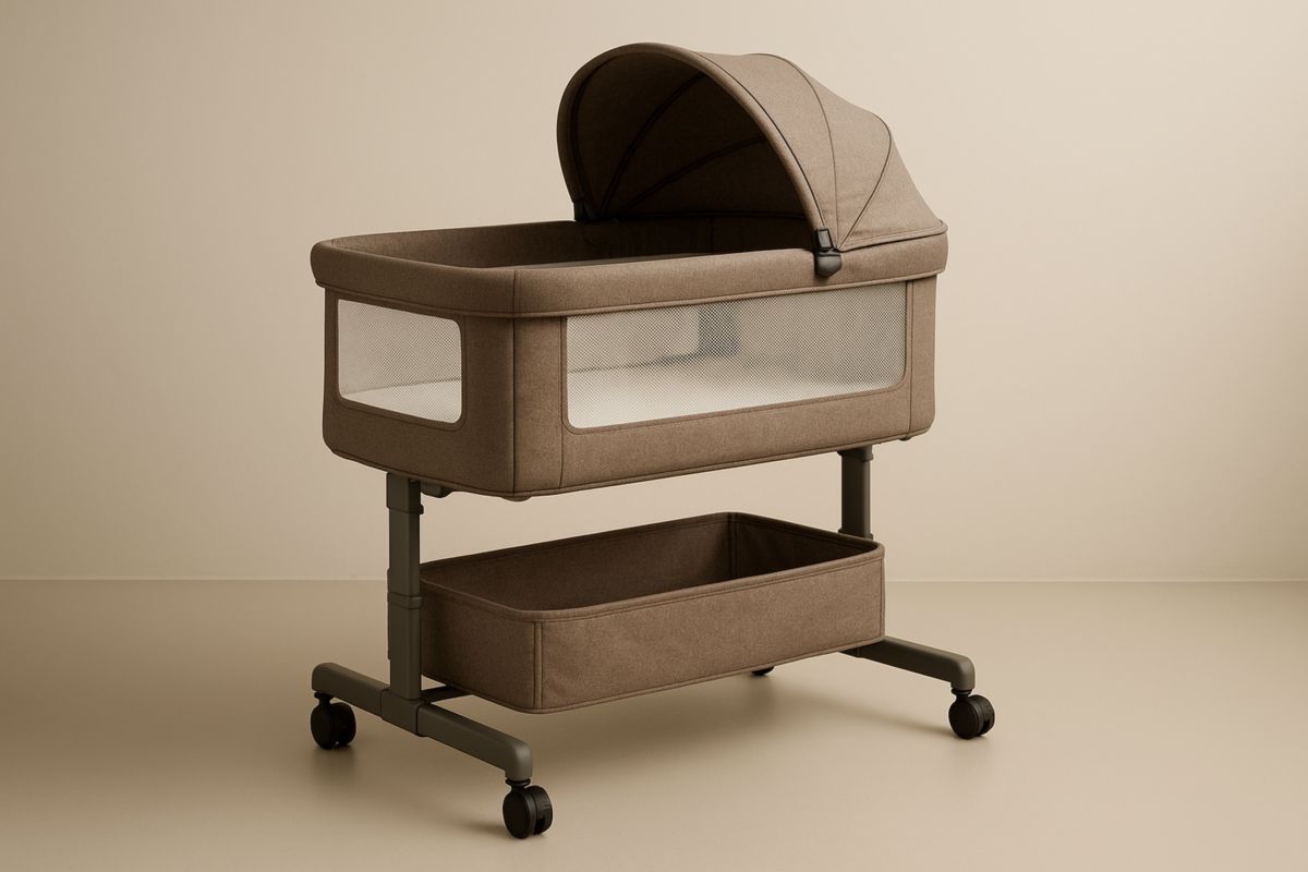 Adjustable Baby Bassinet with Canopy and Mesh Sides in Beige Fabric and Metal