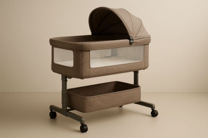 Adjustable Baby Bassinet with Canopy and Mesh Sides in Beige Fabric and Metal