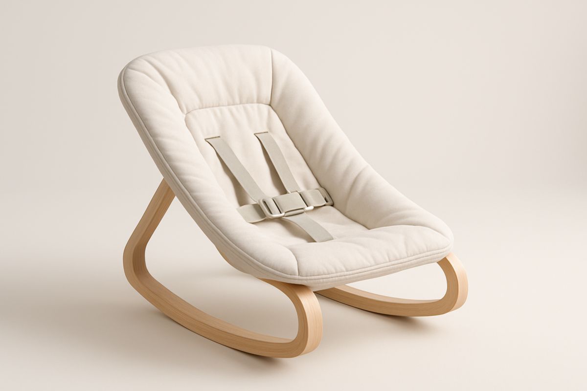 Rocking Baby Chair Cotton Fabric Light Wood Frame with Safety Belt Cream