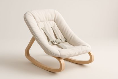 Rocking Baby Chair Cotton Fabric Light Wood Frame with Safety Belt Cream