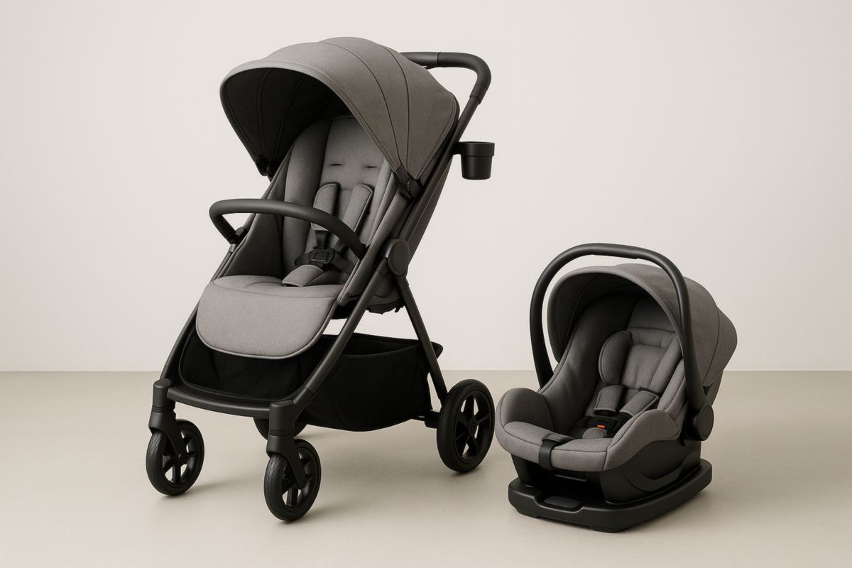 Infant Stroller and Car Seat Set Grey Fabric Aluminium Frame