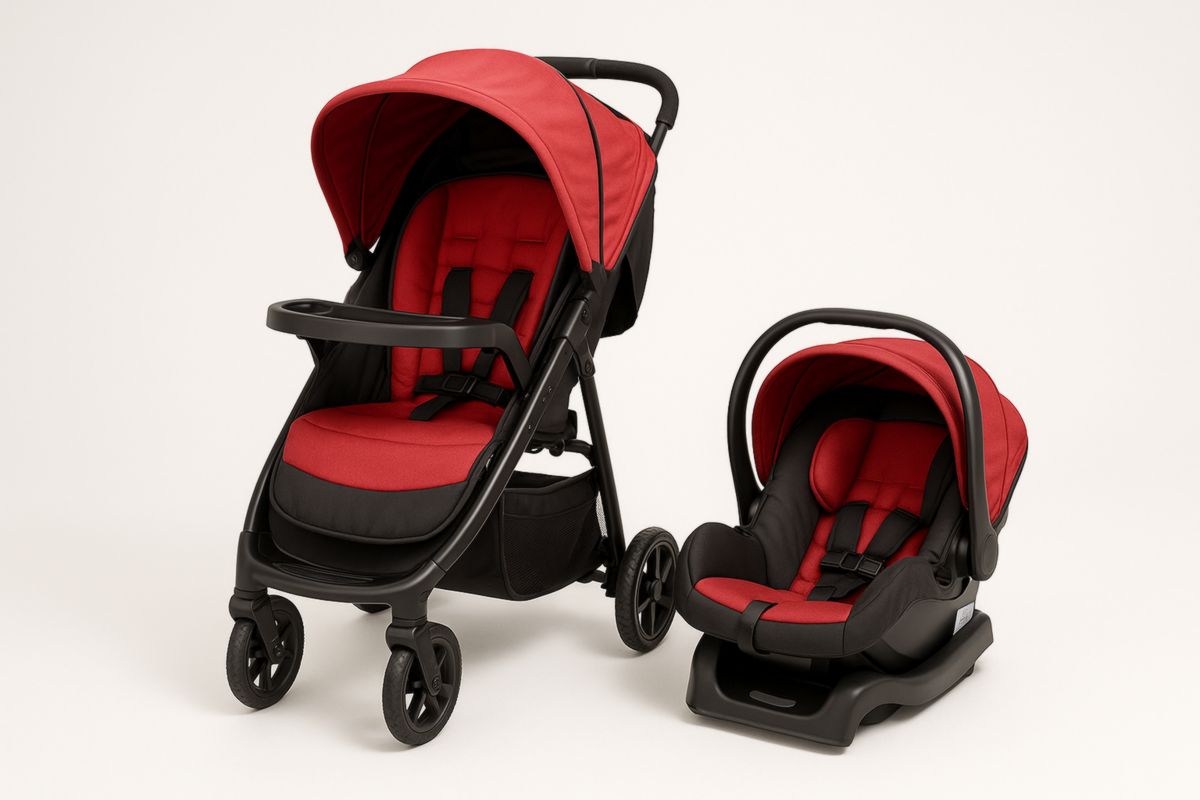 Infant Car Seat and Stroller Set Aluminium Frame Red and Black
