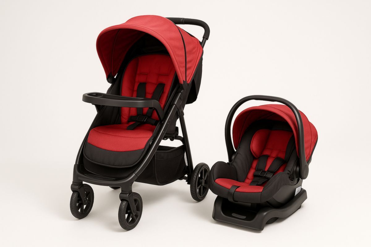 Infant Car Seat and Stroller Set Aluminium Frame Red and Black