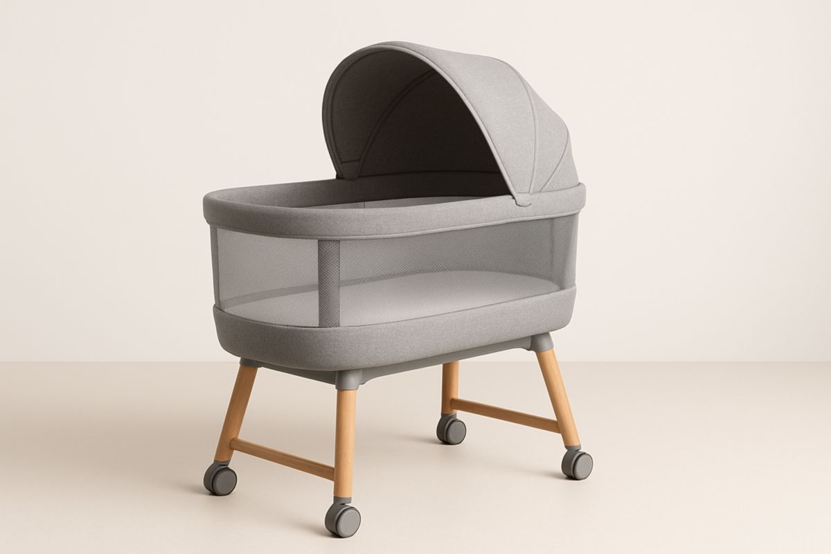 Baby Bassinet with Polyester Mesh and Wood Legs on Wheels Grey