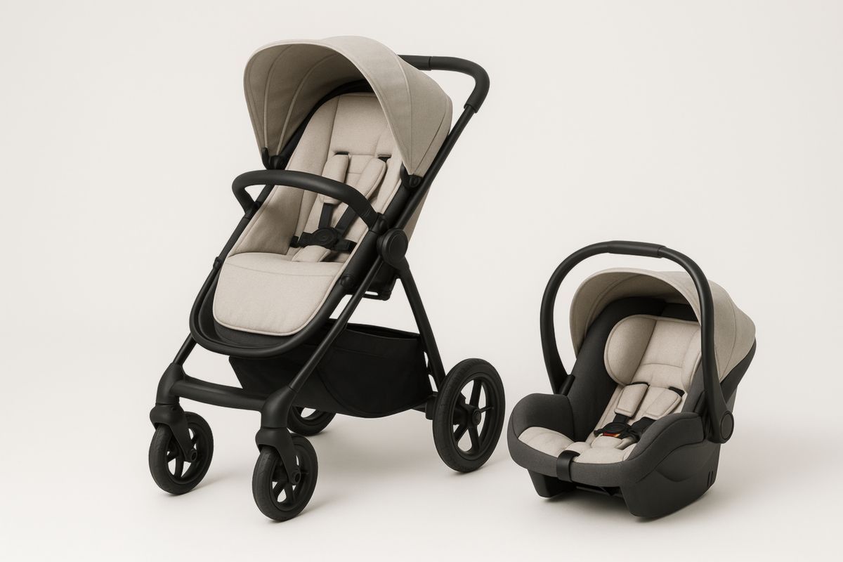 Beige and Black Aluminium and Polyester Infant Car Seat and Stroller Set
