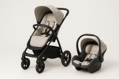 Beige and Black Aluminium and Polyester Infant Car Seat and Stroller Set