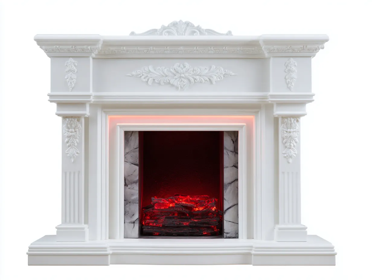 Chimenea eléctrica decorativa con marco clásico tallado 135x38x115 cm - blanco - para salón - efecto llama LED-Habitatena