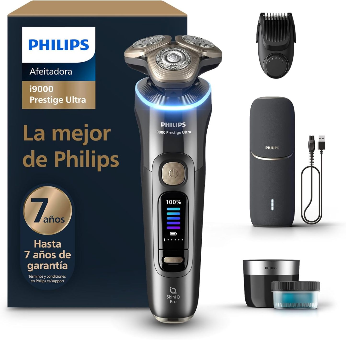 Philips i9000 Prestige Ultra, Afeitadora Eléctrica Hombre, Máquina de Afeitar Barba en Seco y Mojado, Tecnología SkinIQ Pro, Recargable, Centro de limpieza, Recortador, Estuche de Carga UV, XP940246-Habitatena