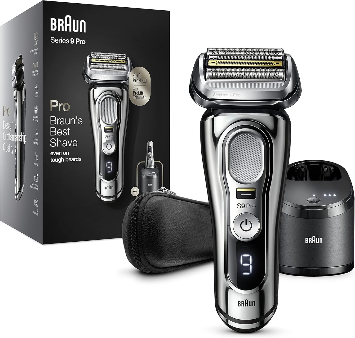 Braun Series 9 Pro Afeitadora Eléctrica Hombre, Máquina de Afeitar Barba con Recortadora ProLift y Cabezal 4en1, Centro de Limpieza y Carga 5en1, Funda, Recargable, Inalámbrica, 9466 CC, Cromo-Habitatena
