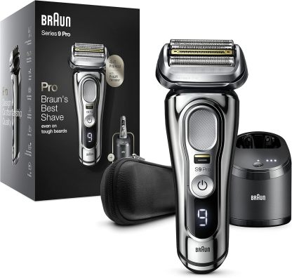 Braun Series 9 Pro Afeitadora Eléctrica Hombre, Máquina de Afeitar Barba con Recortadora ProLift y Cabezal 4en1, Centro de Limpieza y Carga 5en1, Funda, Recargable, Inalámbrica, 9466 CC, Cromo-Habitatena