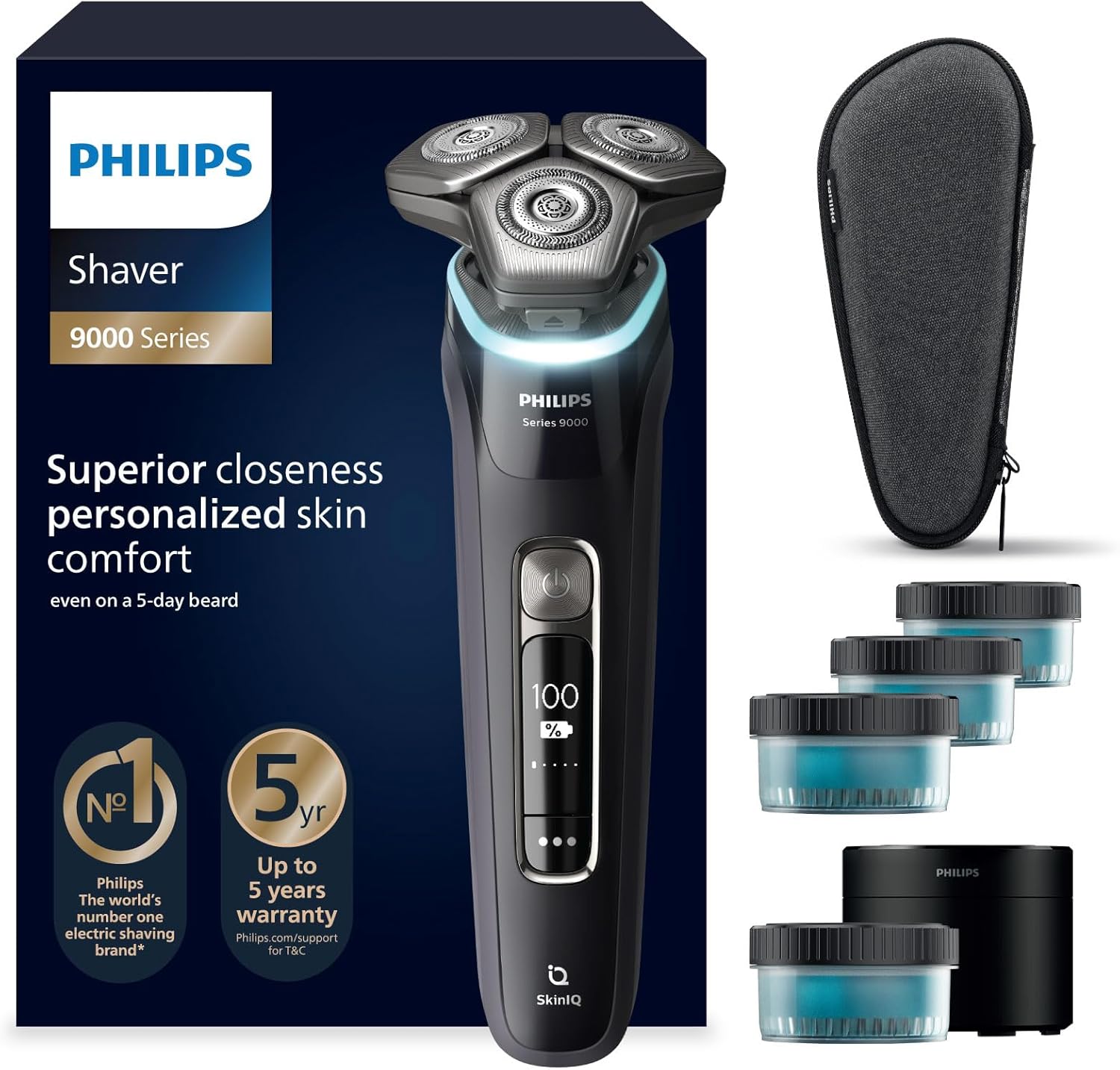 Philips Serie 9000 Afeitadora Eléctrica Hombre, Máquina de Afeitar Barba con Recortadora, 60min de uso, En Seco y Húmedo, Recargable, Centro de Limpieza, Base Carga, 4 Cartuchos, S997663, Negro-Habitatena