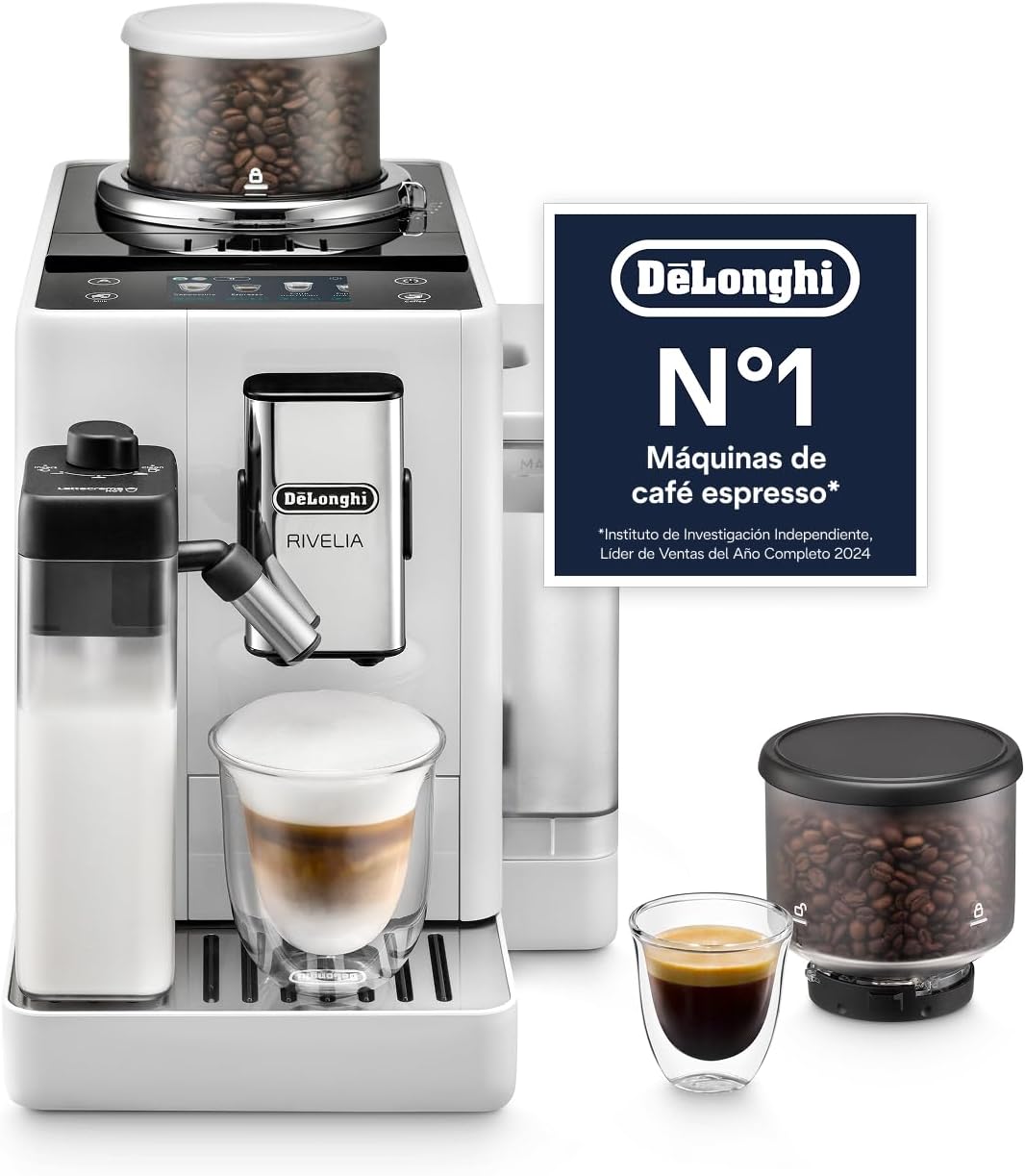 DeLonghi Rivelia - Cafetera Superautomática, LatteCrema Jarra de leche automática, 16 Bebidas One-Touch, Pantalla Táctil, Depósitos de Granos de Café Intercambiables, Blanco EXAM440.55.W-Habitatena