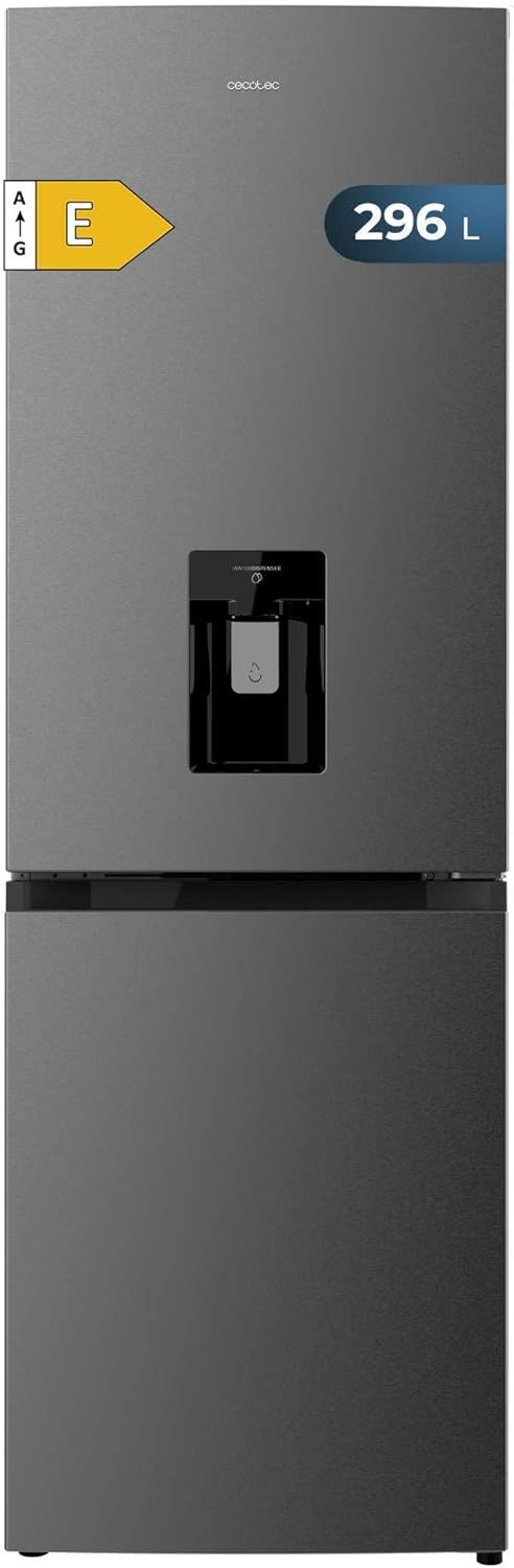 Cecotec Frigorífico Combi 2 Puertas con dispensador de agua Bolero CoolMarket Combi 296 DF WD Dark E. 296L, 60cm de ancho, Funciones FastCooling, FastFreezing y DeFrost, LED interior, Dark Inox-Habitatena