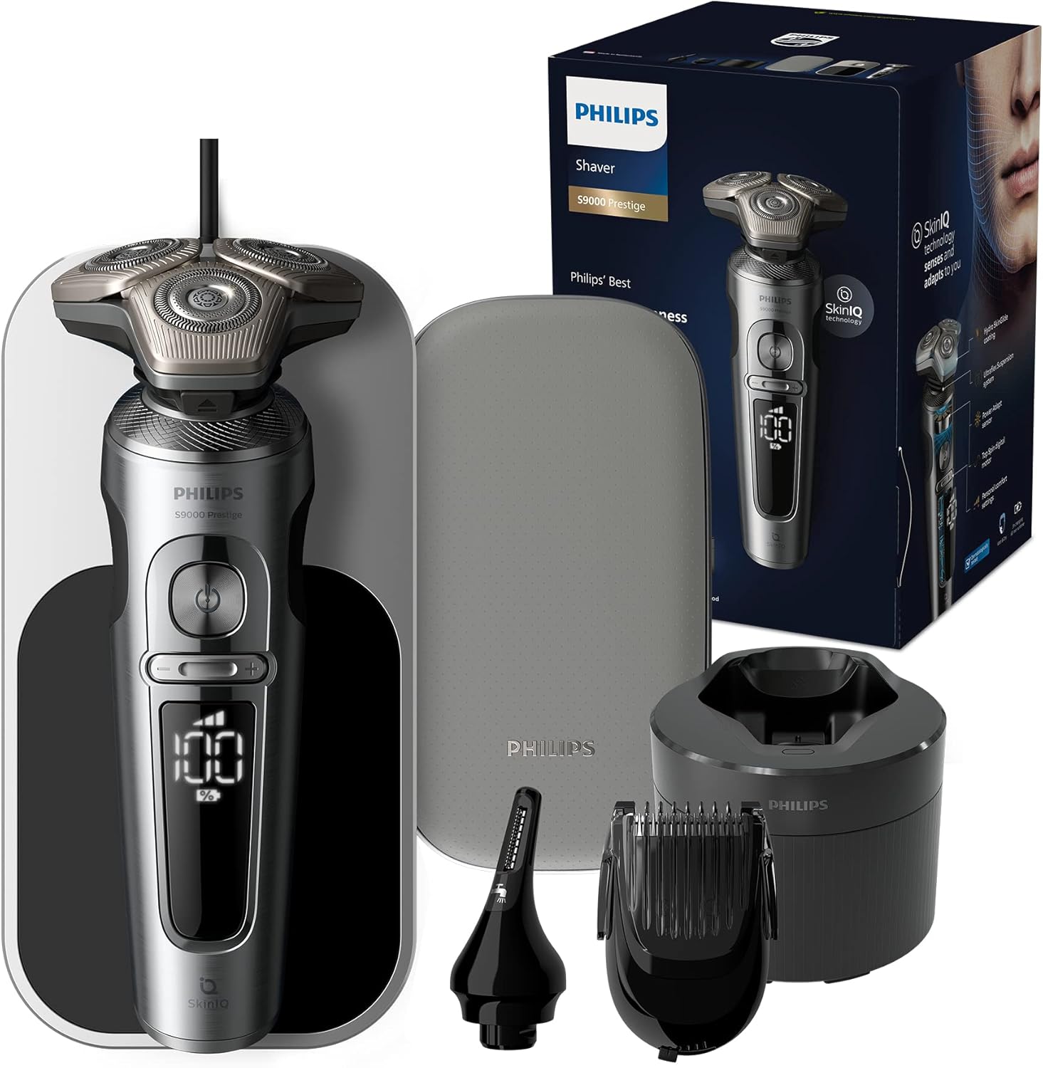 Philips Serie 9000 Prestige Afeitadora Eléctrica Hombre,Máquina de Afeitar Barba con Barbero, 60min de uso, En Seco y Húmedo, Recargable, Centro de Limpieza, Base Carga QI, Naricero, SP988535, Cromo-Habitatena
