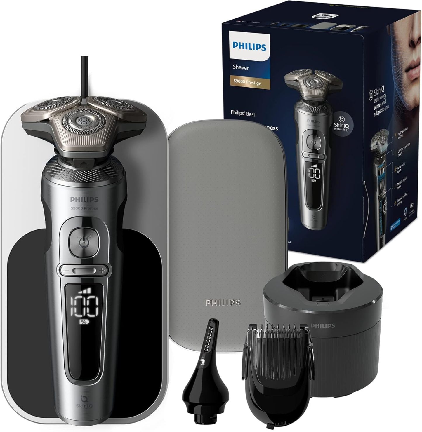 Philips Serie 9000 Prestige Afeitadora Eléctrica Hombre,Máquina de Afeitar Barba con Barbero, 60min de uso, En Seco y Húmedo, Recargable, Centro de Limpieza, Base Carga QI, Naricero, SP988535, Cromo-Habitatena