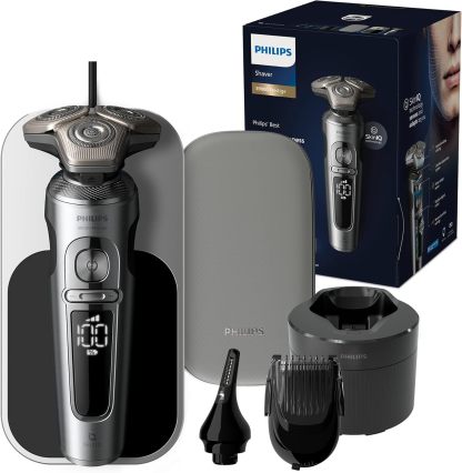 Philips Serie 9000 Prestige Afeitadora Eléctrica Hombre,Máquina de Afeitar Barba con Barbero, 60min de uso, En Seco y Húmedo, Recargable, Centro de Limpieza, Base Carga QI, Naricero, SP988535, Cromo-Habitatena