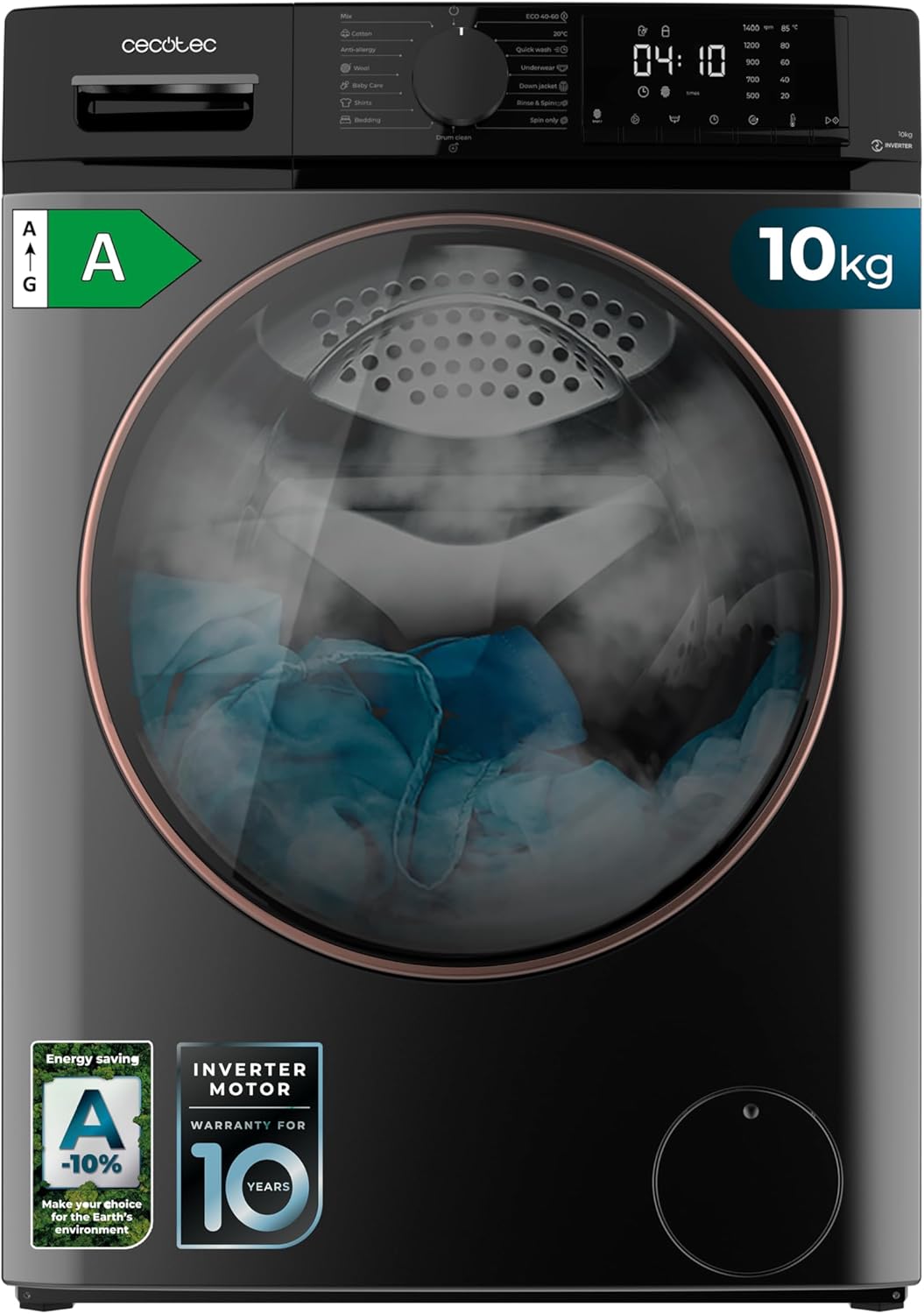 Cecotec Lavadora 10Kg Carga Frontal Bolero DressCode 10610 Inverter Steel A. 1400 RPM, Steam Max, Motor Inverter Plus, 15 Programas, OnSmart, Smooth Wash, Stop Go, Goma Antibacteriana, Drum Clean-Habitatena