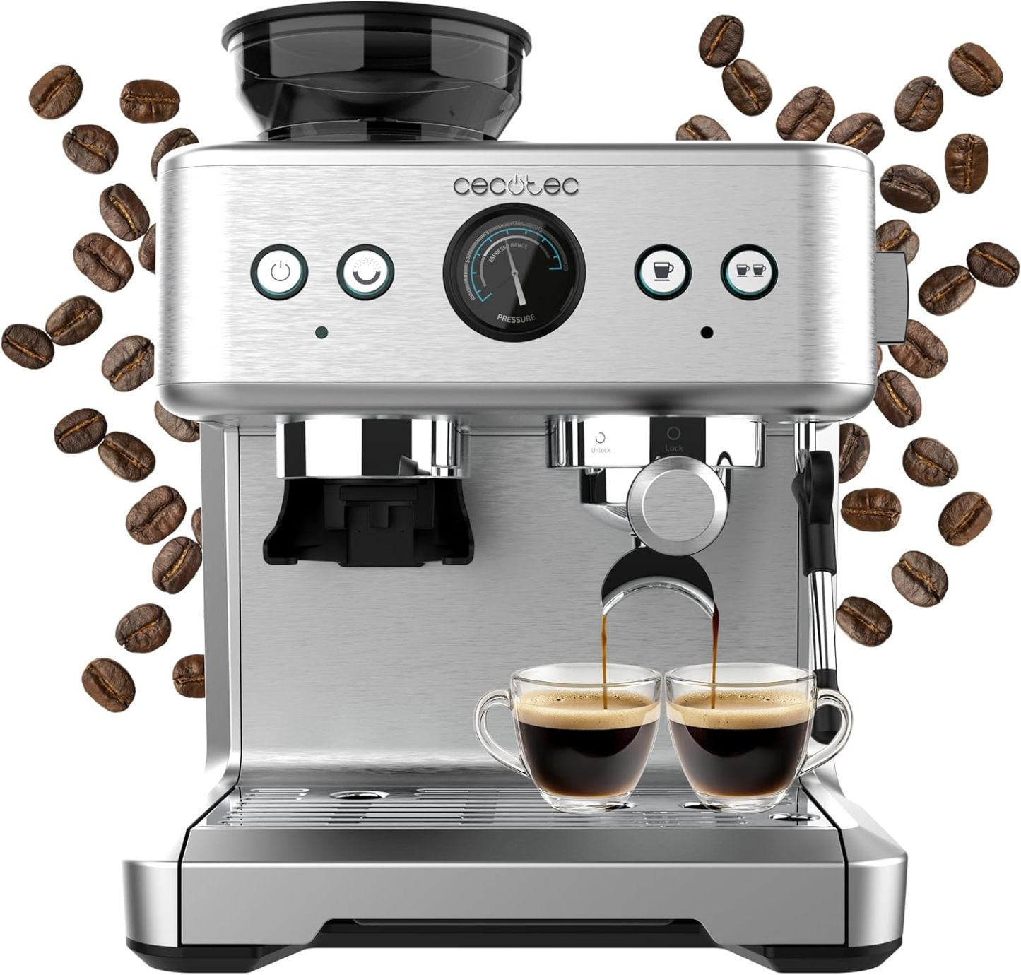 Cecotec Cafetera Express 20 Bares Power Espresso 20 Barista. 2250W, Manómetro, 2 Thermoblocks, Vaporizador Orientable, Depósito de Café en Grano y Molinillo con 20 Niveles-Habitatena
