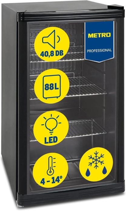 METRO Professional Mini Frigorífico GPC 1088, nevera pequeña con puerta de cristal, 88 L, negro, 1.052 kWh24h, con estante ajustable para gastronomía, restaurant, tiendas-Habitatena
