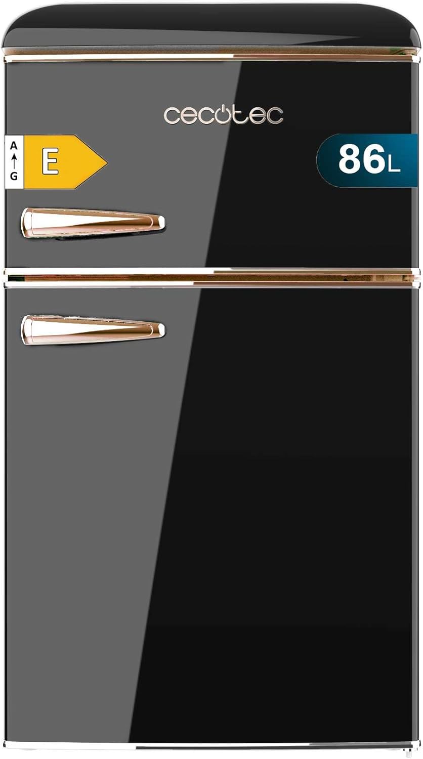 Cecotec Nevera Pequeña Frigorífico 2 Puertas Retro 86L Bolero CoolMarket 2D Origin 86 Black E. 89,3cm de Alto y 48,7cm de Ancho, Clase Energética E, Icebox, Luz Interior y Tirador Cromado, Negro-Habitatena