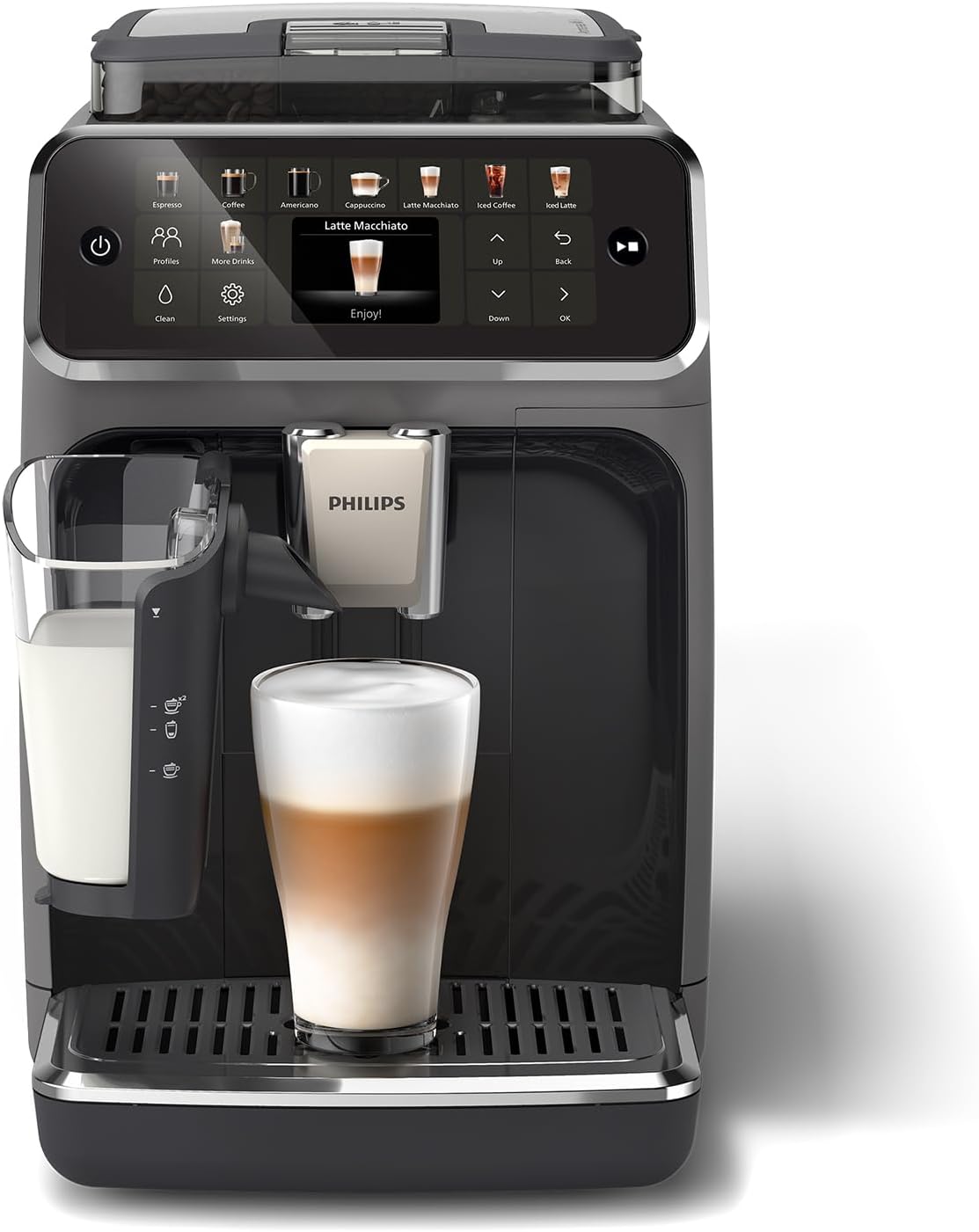 Philips Cafetera Espresso Totalmente Automática Serie 5500-20 Cafés Calientes y con Hielo, Sistema de Leche LatteGo de Limpieza Rápida, 40 más Silenciosa con SilentBrew, QuickStart, Gris EP554450-Habitatena