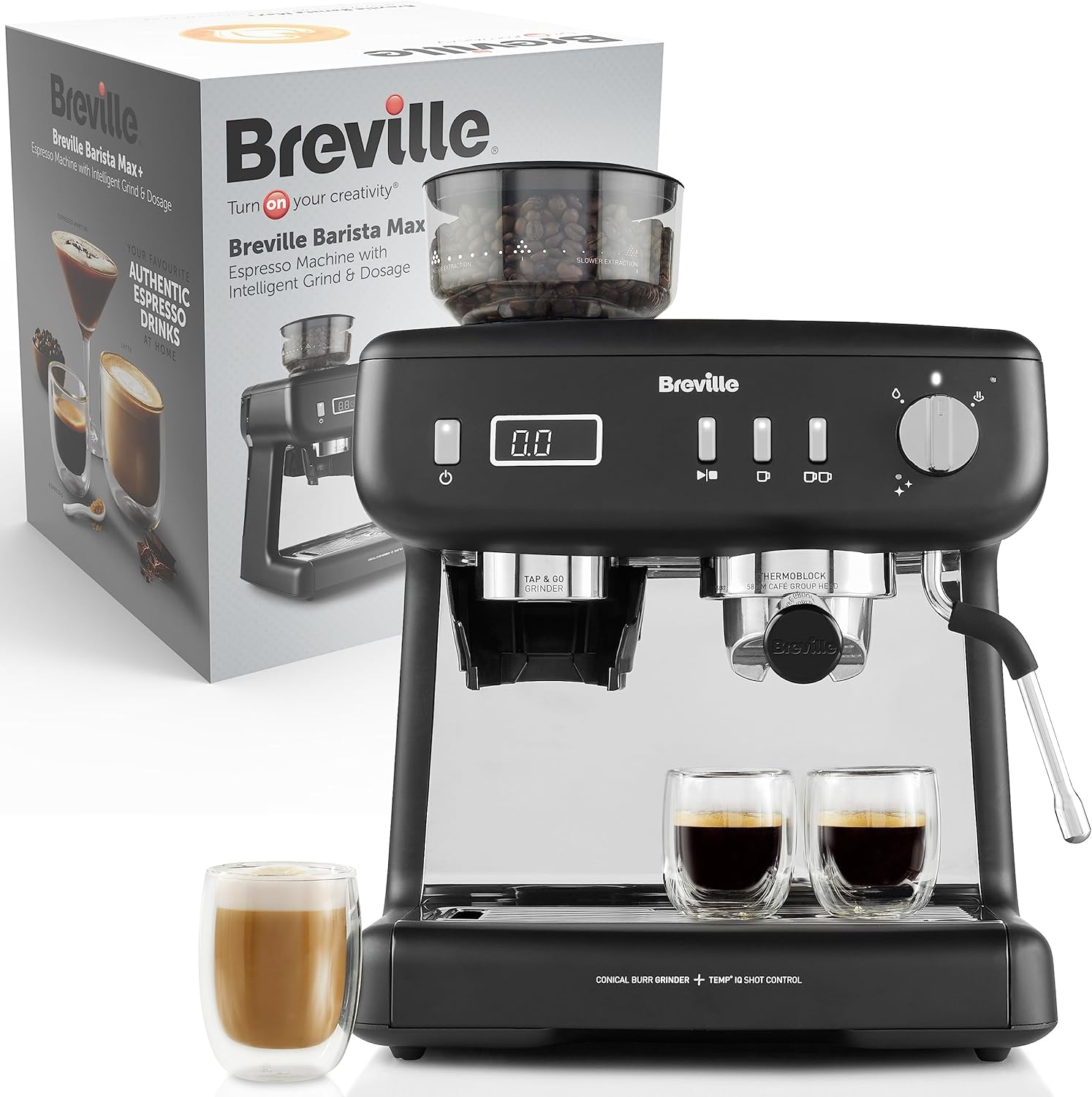 Breville Barista Max Espresso, máquina de café - Molienda y dosificación inteligentes - Temporizador de extracción preciso - Espumador de leche integrado - Bomba italiana de 15 Bar - Negra VCF152X-Habitatena