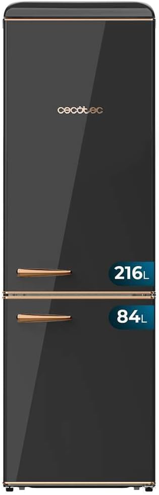 Cecotec Frigorífico Combi 2 Puertas Retro de 300 L Bolero CoolMarket Combi Origin 300 Negro E. Altura 191,5 cm y 60 de Ancho, Control de Temperatura, Tirador Cromado y Bandejas de cristal, Black-Habitatena