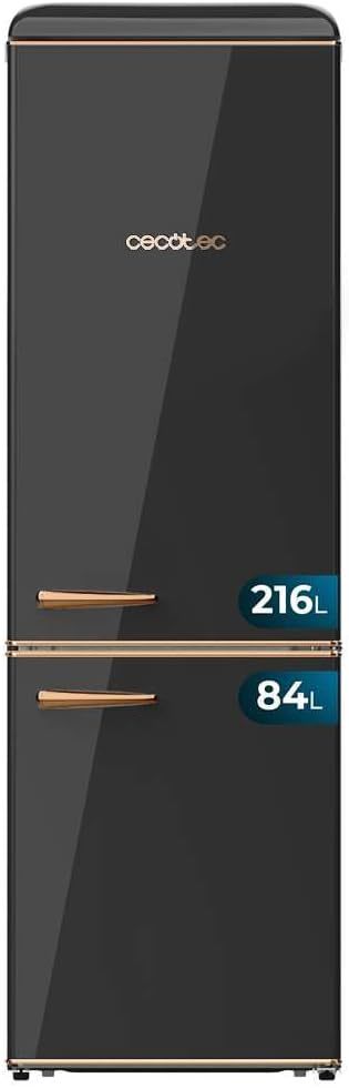 Cecotec Frigorífico Combi 2 Puertas Retro de 300 L Bolero CoolMarket Combi Origin 300 Negro E. Altura 191,5 cm y 60 de Ancho, Control de Temperatura, Tirador Cromado y Bandejas de cristal, Black-Habitatena