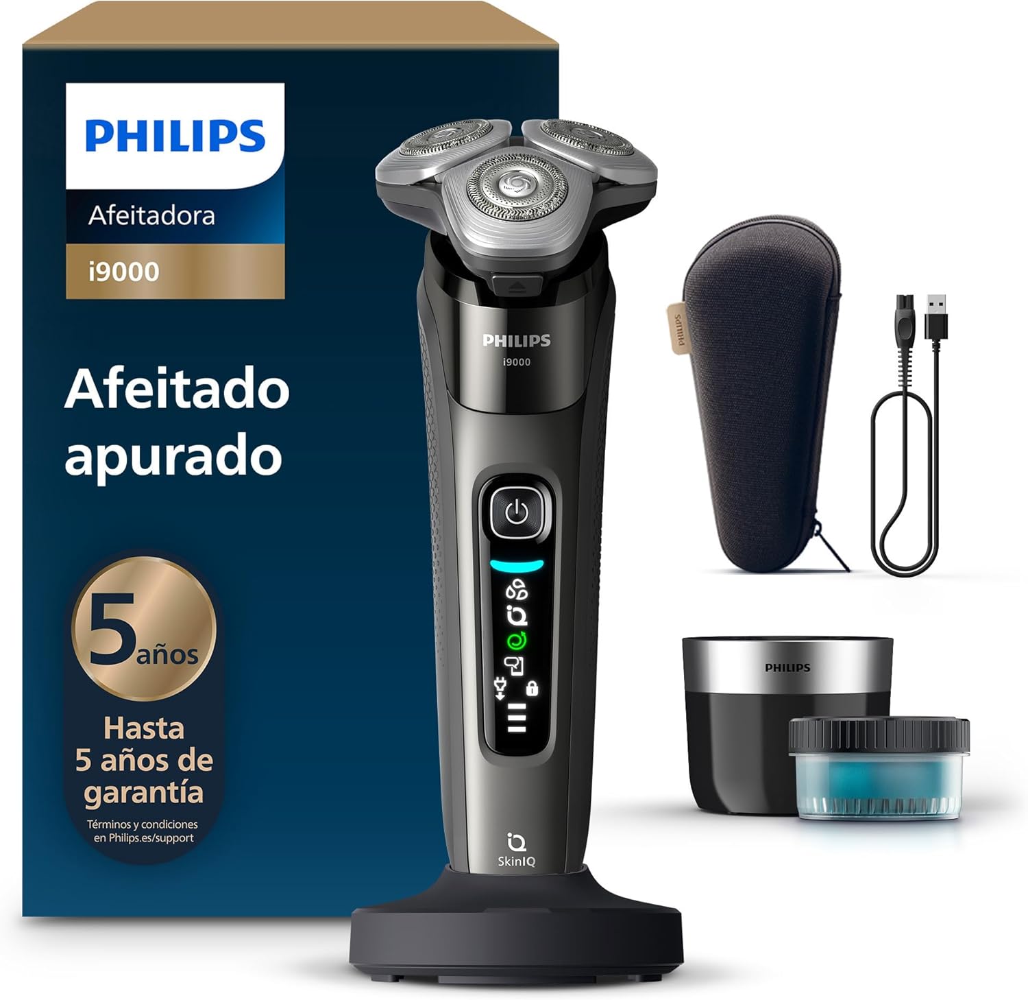 Philips i9000, Afeitadora Eléctrica Hombre, Máquina de Afeitar Barba en Seco y Mojado, Tecnología SkinIQ, Base de Carga, Recargable, Estuche de Viaje, Centro de limpieza, X900230-Habitatena