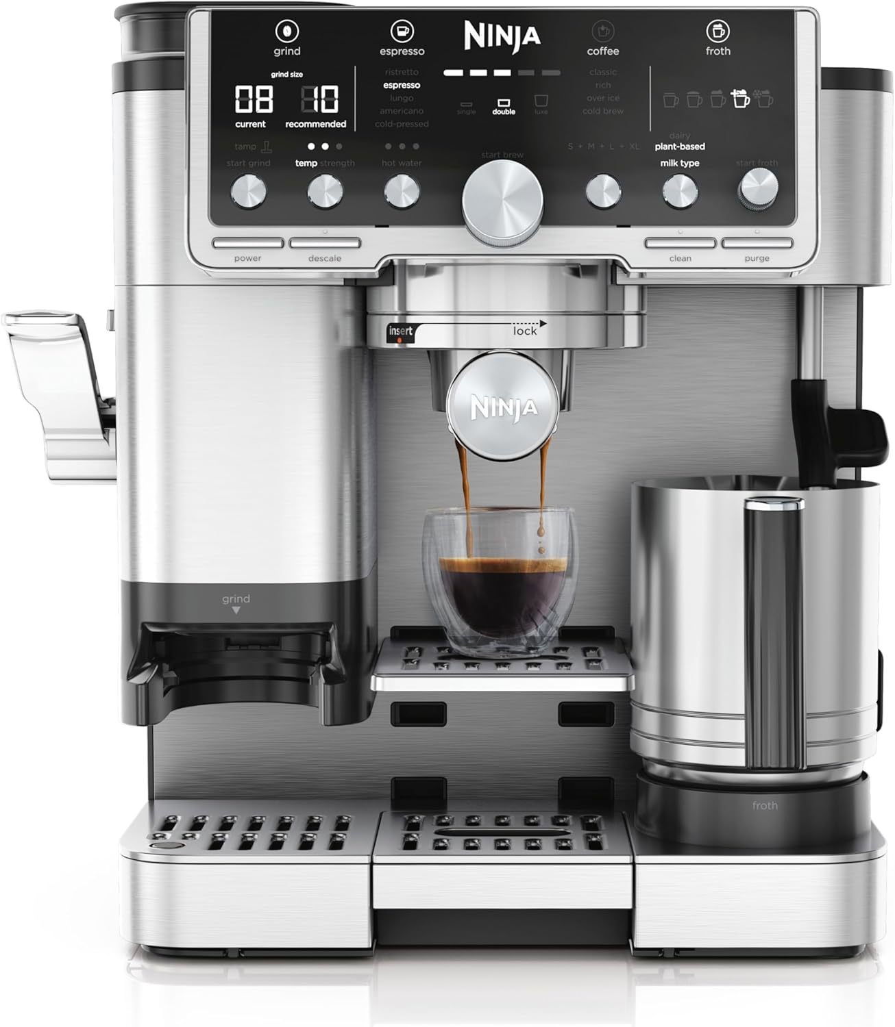 Ninja Luxe Pro Cafetera 3 en 1 para latte, cappuccino, cold brew y espresso con molinillo y espumador de leche integrados, fácil de usar y 5 preajustes automáticos de espuma, plata, ES701EU-Habitatena