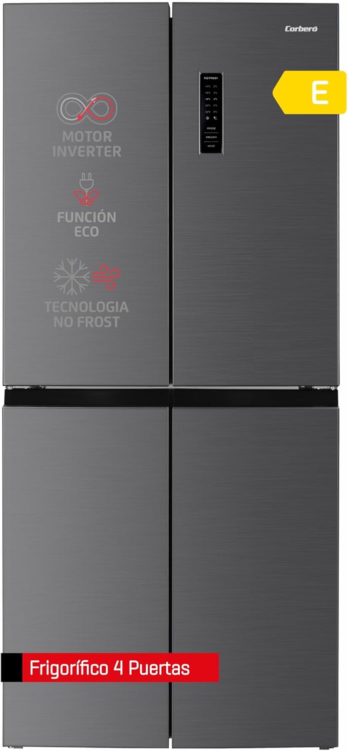 Corberó - Frigorífico 4 Puertas - CF4PH4823NFX - 63x79,5x180 - Capacidad 362L - Motor Inverter, No Frost, Display Puerta - Fresh Box, Crisper Fresh Box Convertible - Estantes de Cristal -39 Db - Inox-Habitatena