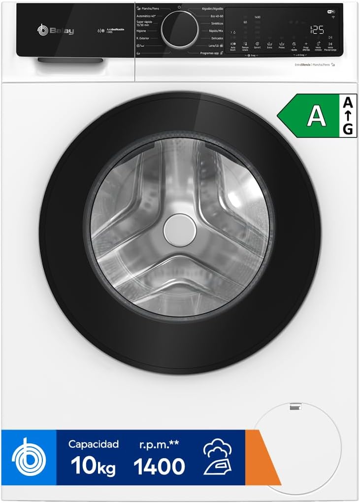 Balay - Lavadora, Libre Instalación, 10 kg, AutoDosificación, Programas Super Rápido y Rápidomix, Programa plancha, Silenciosa, Home Connect, blanco, 3TS3104BH-Habitatena