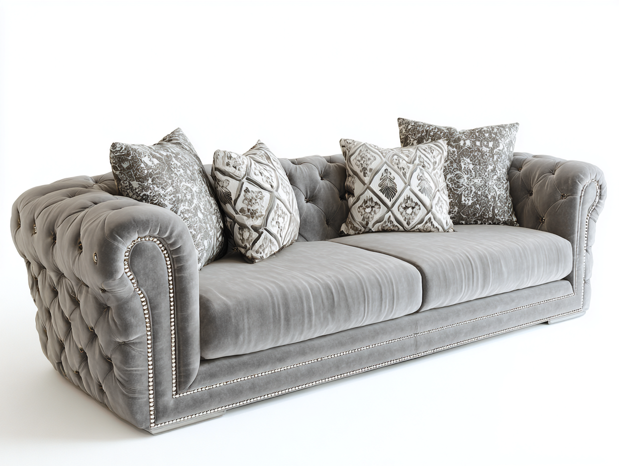 Sofá 3 plazas tapizado terciopelo - 220x95x80cm - gris - salón estilo clásico elegante-Habitatena