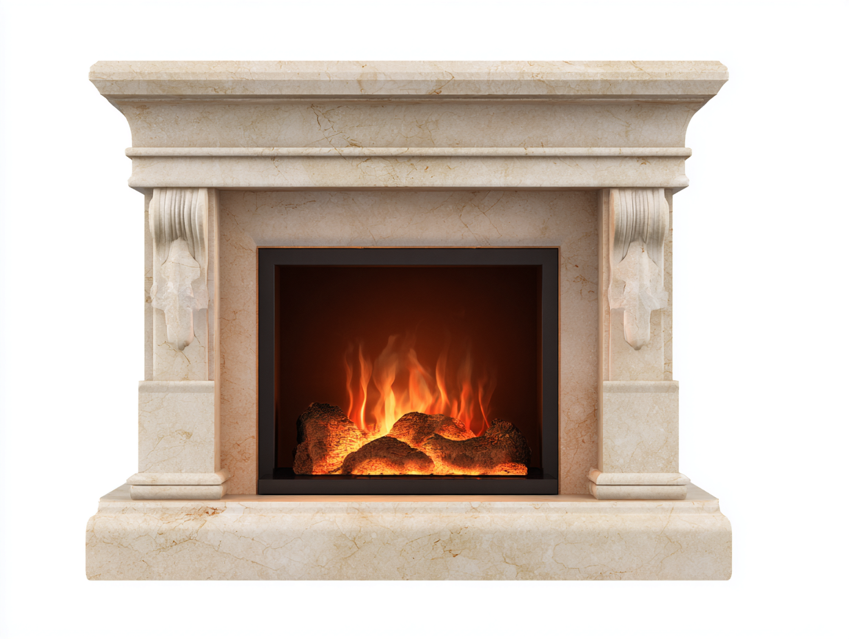 Chimenea eléctrica decorativa con marco efecto mármol - 135x38x112 cm - beige claro - para salón - estilo clásico-Habitatena