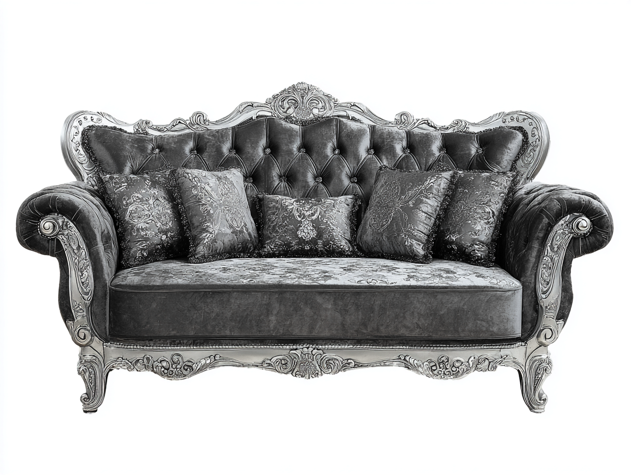 Sofá de tres plazas tapizado en terciopelo - 220x95x105 cm - gris - para salón - estilo clásico elegante-Habitatena