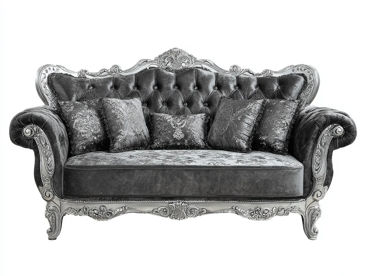 Sofá de tres plazas tapizado en terciopelo - 220x95x105 cm - gris - para salón - estilo clásico elegante-Habitatena