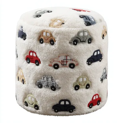 Pouf-tessuto stampato-34x34x42 cm-bianco fantasia auto-design giocoso-Nestleia