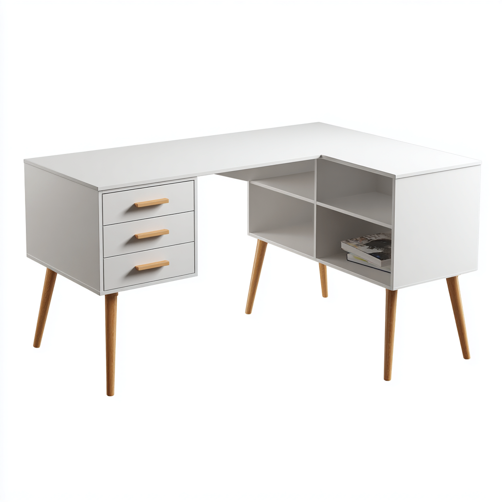 Scrivania - legno composito - legno massello - 155x135x75 cm - bianco-naturale - moderno-Nestleia