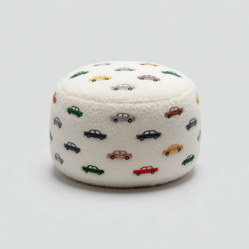 Pouf-tessuto stampato-38x38x28 cm-bianco fantasia auto-design giocoso-Nestleia