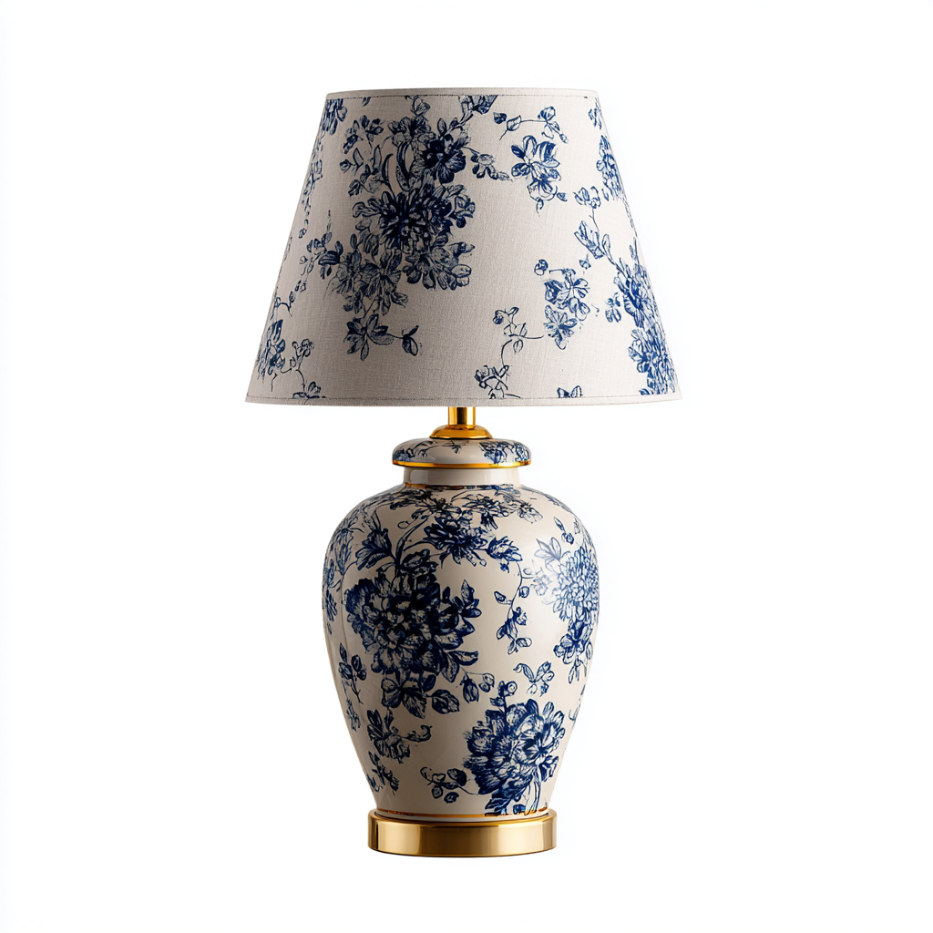 Lampada da tavolo - ceramica-tessuto-metallo - 28x28x48 cm - bianco-blu - stile classico-Nestleia