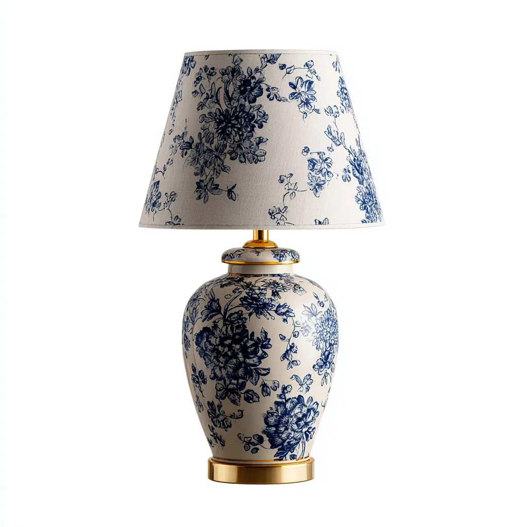Lampada da tavolo - ceramica-tessuto-metallo - 28x28x48 cm - bianco-blu - stile classico-Nestleia