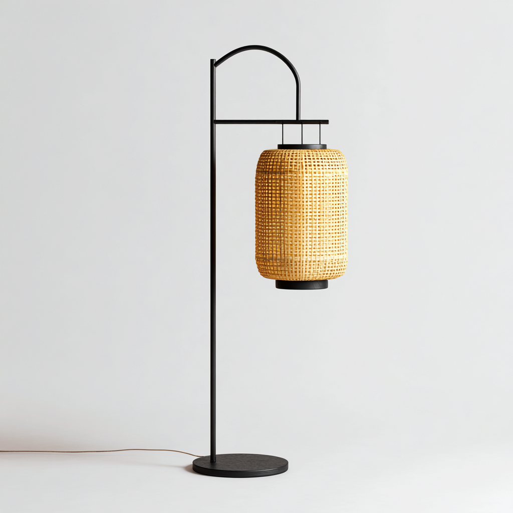 Lampada da terra - metallo-rattan - 32x30x168 cm - nero-naturale - stile moderno-Nestleia
