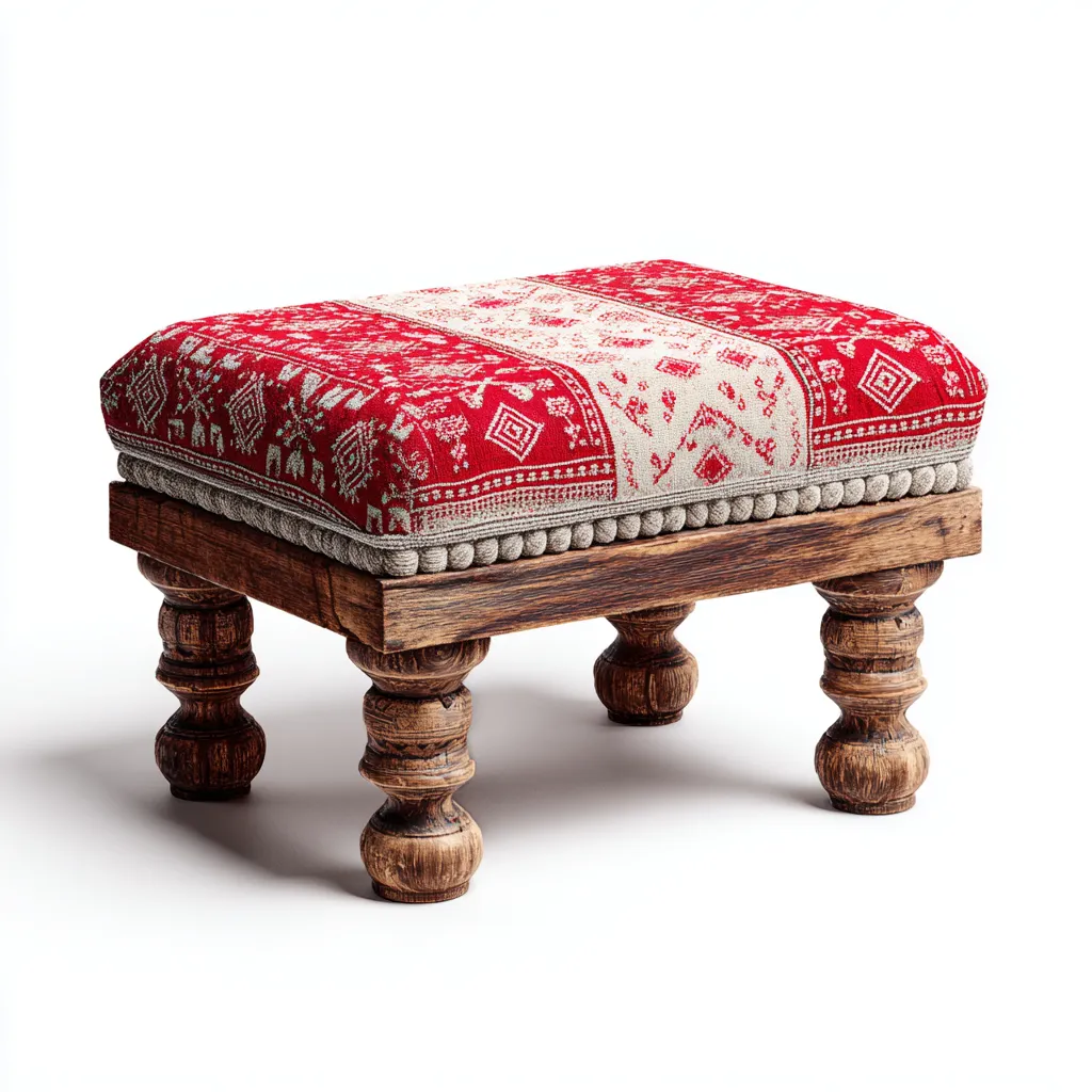 Pouf - tessuto-legno - 45x35x32 cm - rosso-avorio-legno naturale - stile classico-Nestleia