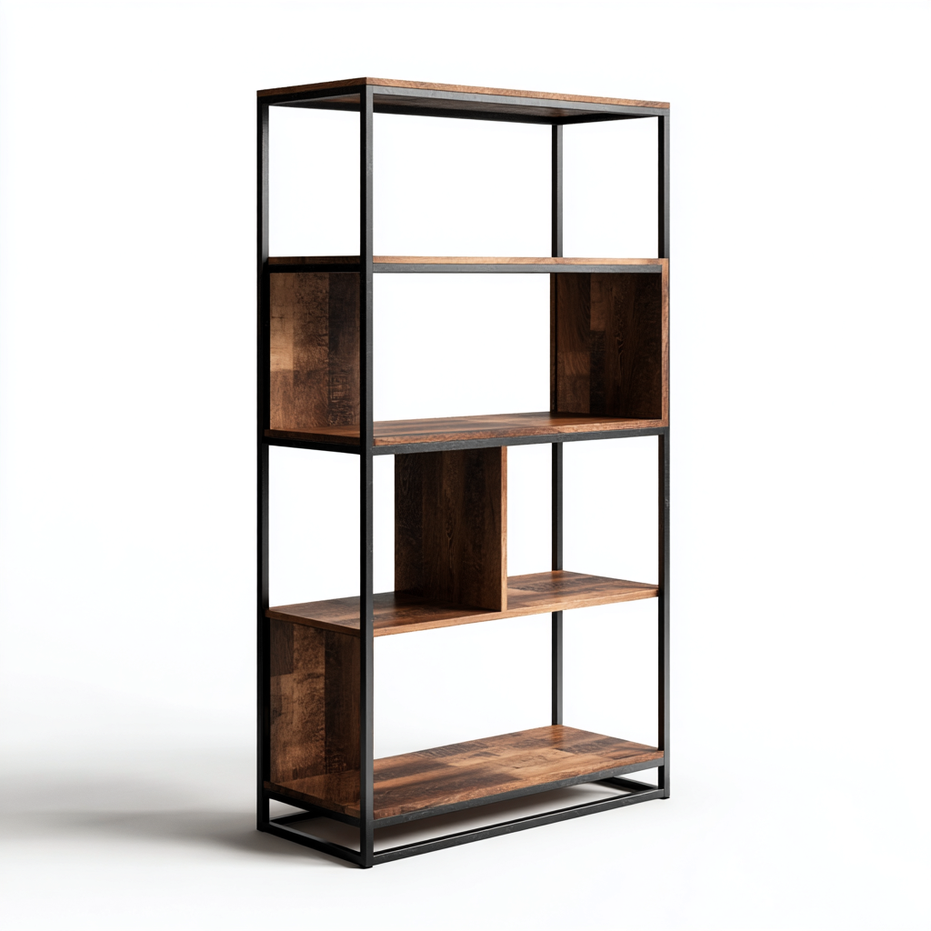 Libreria-metallo-legno-94x36x178 cm-nero-legno-design industriale-Nestleia