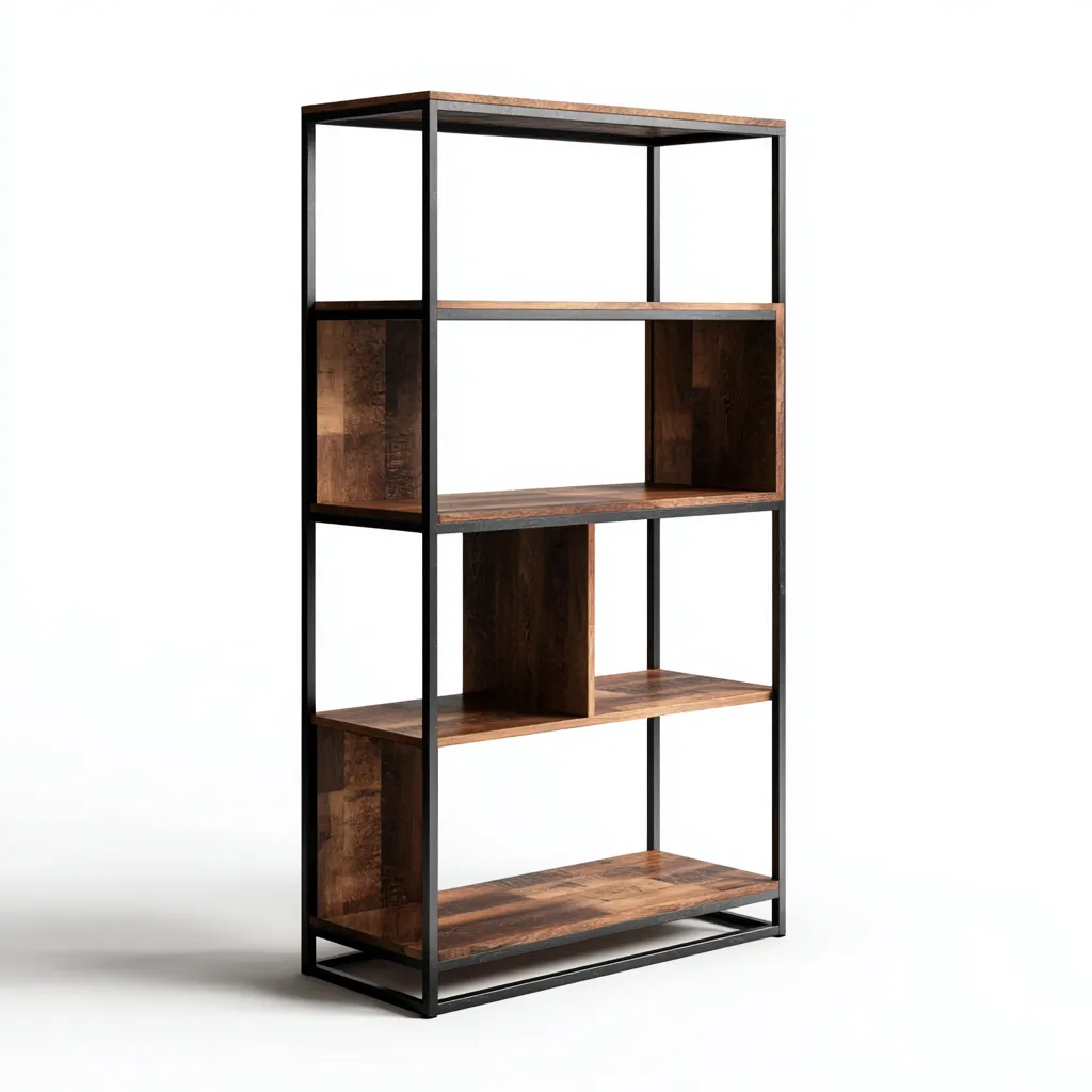 Libreria-metallo-legno-94x36x178 cm-nero-legno-design industriale-Nestleia