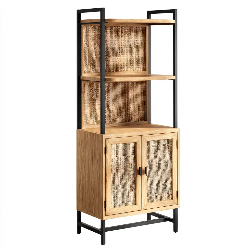 Libreria-metallo-legno-rattan-82x38x176 cm-nero-legno-design moderno-Nestleia