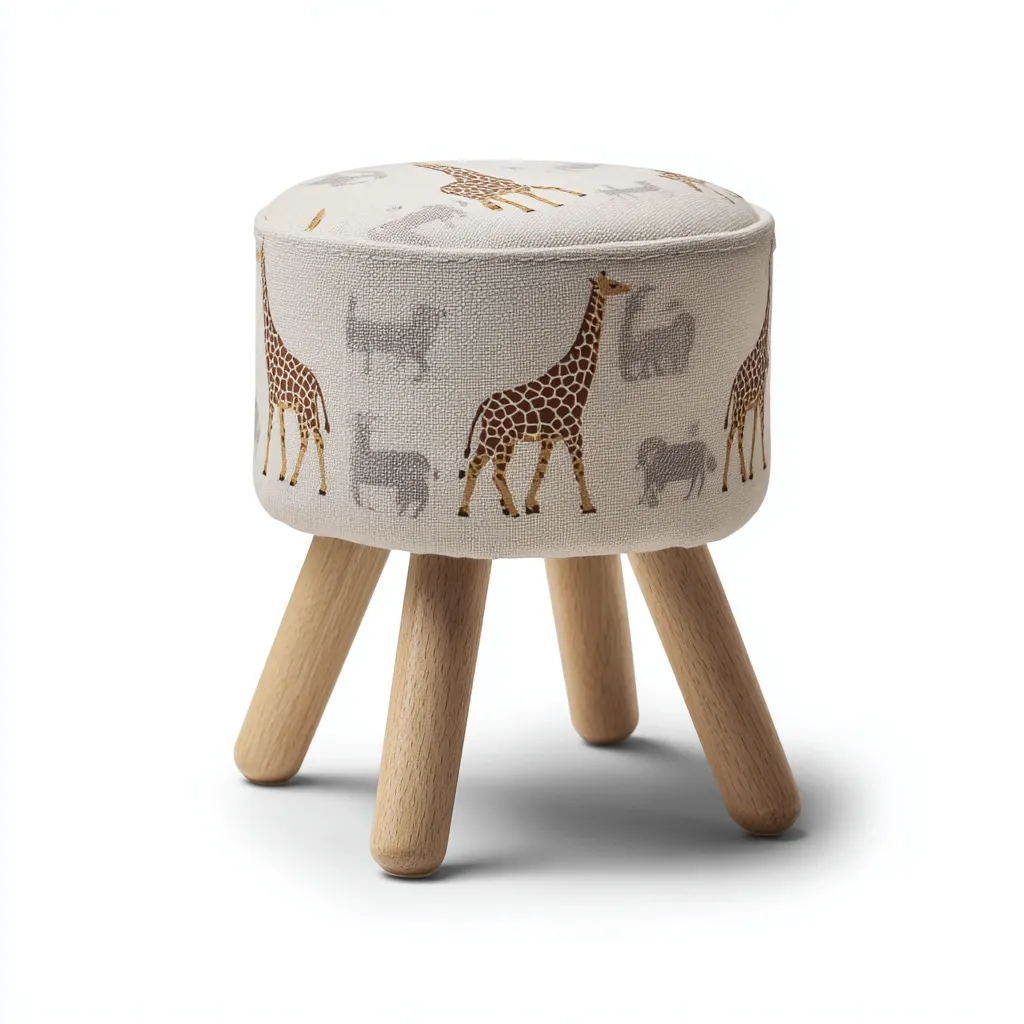Pouf-tessuto stampato-legno-32x32x44 cm-beige fantasia animali-design giocoso-Nestleia